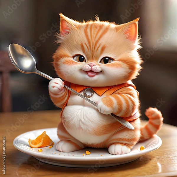 Fototapeta An adorable illustrated orange kitten sits at a table with a spoon, looking ready to enjoy a plate with orange slices