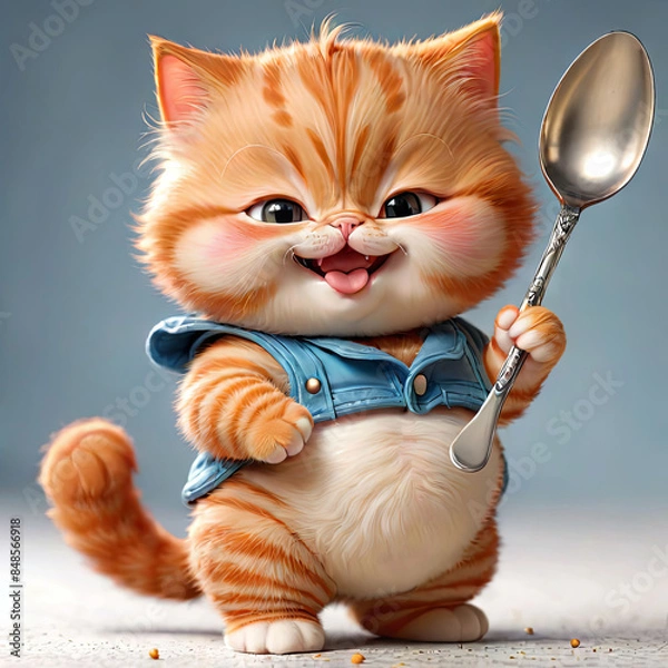 Fototapeta A charming illustration of an anthropomorphic ginger kitten with a large spoon, wearing overalls and a collar