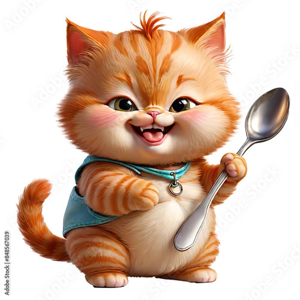 Fototapeta A charming illustration of an anthropomorphic ginger kitten with a large spoon, wearing overalls and a collar