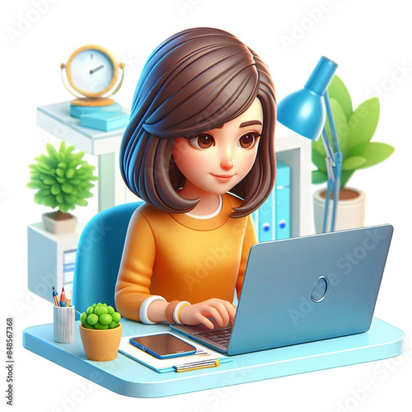 Fototapeta An illustration of a character engrossed in work on a laptop, with vibrant colors and a clean, modern design, exuding a focused atmosphere