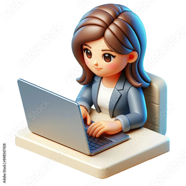 Fototapeta A professional woman is depicted in 3D illustration working attentively on a laptop, capturing a concept of business, technology and focused work