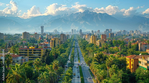 Fototapeta Tirana, Albania city skyline created with Generative AI technology