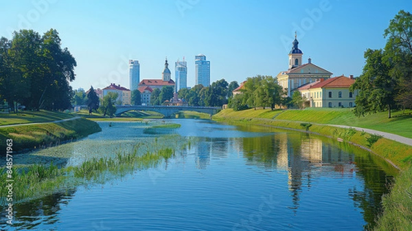 Fototapeta Vilnius, Lithuania city skyline created with Generative AI technology