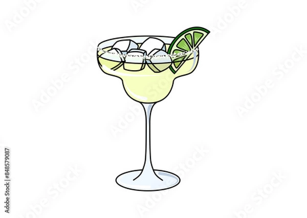 Obraz Illustration of a margarita cocktail with lime ands salted rim, drawing of lime citrus mocktail, refreshing tequila alcoholic beverage