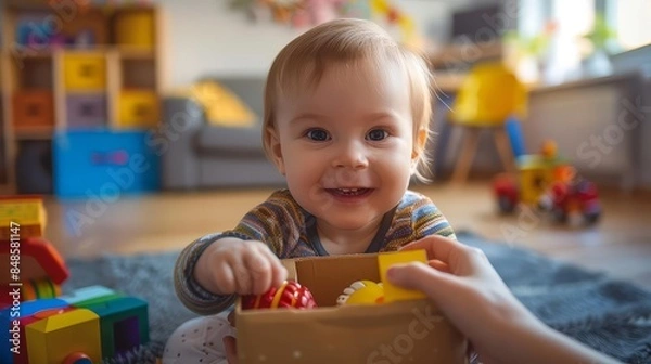 Fototapeta Hands helping a toddler unbox a new toy, joyful anticipation, bright playroom