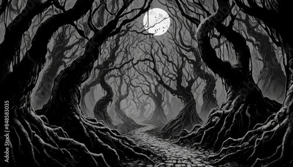 Fototapeta full moon and scary black forest