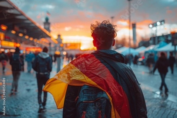 Fototapeta A person draped in a multicolored flag stands amidst a bustling outdoor marketplace during a vivid sunset, capturing the essence of cultural celebration