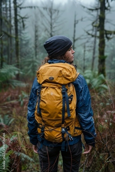 Obraz A young individual with curly hair, wearing a yellow backpack and a beanie, explores a misty forest, capturing the essence of adventure and tranquil nature