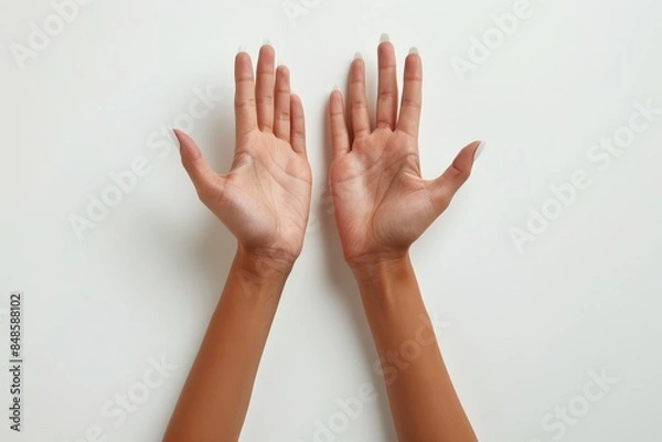 Fototapeta Two hands are raised in the air, one of which is slightly bent