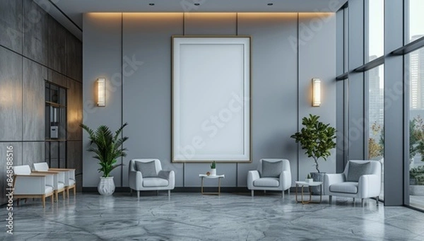 Fototapeta A mockup of an empty vertical frame on the wall in a modern hospital waiting room, with white chairs and medical equipment around it, soft lighting.