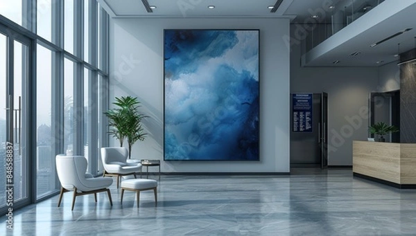 Fototapeta A mockup of an empty vertical rectangular frame on the wall in front, placed inside a modern medical office waiting room with white chairs and glass doors.