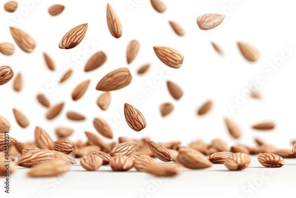 Fototapeta Elegant nuts in mid air, gracefully floating and descending on a pristine white background
