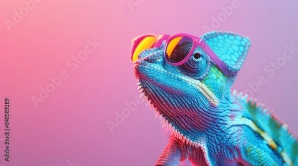 Obraz Colorful chameleon wearing sunglasses on a pink and blue background vibrant reptile fashion statement in tropical paradise