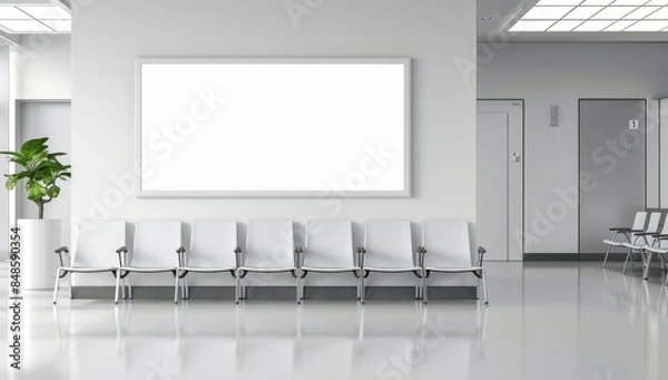 Fototapeta A realistic photo depicts a large white wall in a modern hospital waiting room with a frame mockup on the left side and chairs for patients to sit.