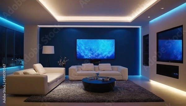 Fototapeta Smart Home Entertainment System with Voice Control in a Living Room