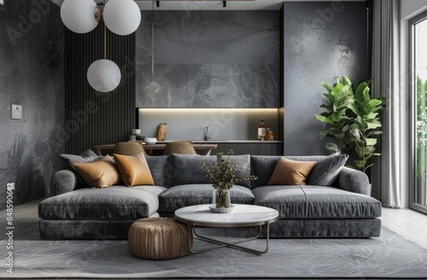 Fototapeta A simple living room with grey walls, a sofa and coffee table, a dining area in the background, natural lighting, high resolution photography