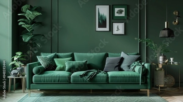 Fototapeta Luxury living room wall mockup with green sofa and decor on dark green background