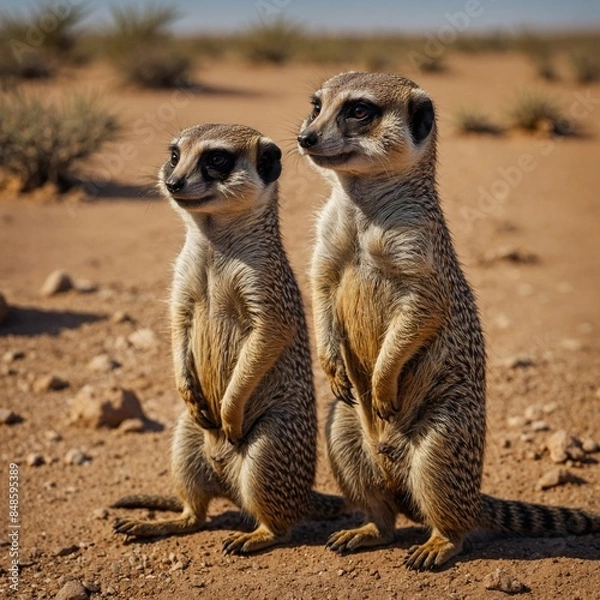 Fototapeta A family of meerkats standing on alert in the desert.