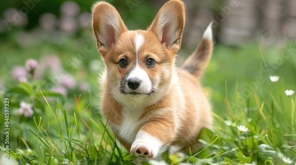 Fototapeta Puppy from the Pembroke Welsh Corgi breed exploring the garden