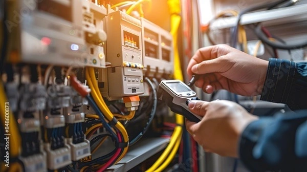 Obraz Electrician installing electric cable wires and fuse switch box. Multimeter in hands of electricians detail.