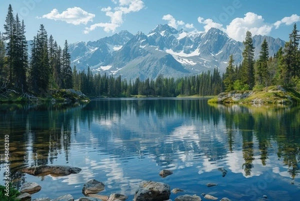 Fototapeta Serene Mountain Lake with Snow-Capped Peaks and Pine Forest Reflections Under a Clear Blue Sky