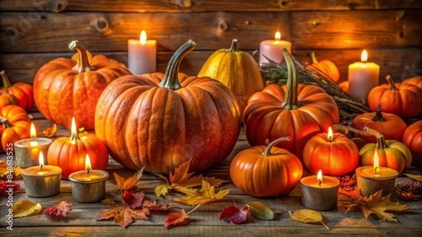Fototapeta Vibrant orange pumpkins of various sizes and shapes surrounded by fallen autumn leaves and eerie twinkling candles on a rustic wooden table.