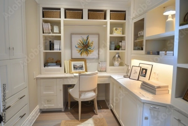 Fototapeta A small but functional study nook with a desk, chair, and plenty of storage