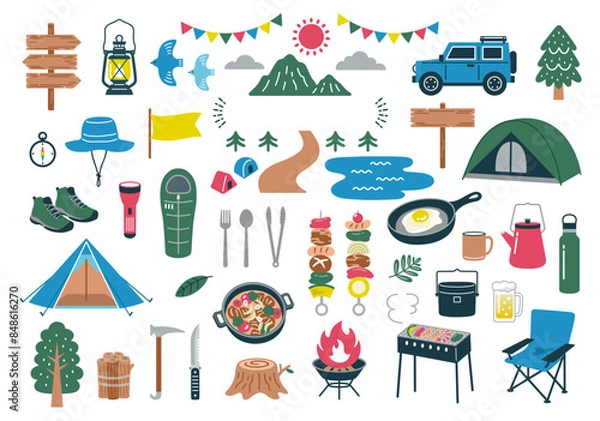 Fototapeta アウトドアとキャンプのアイコンイラストセット