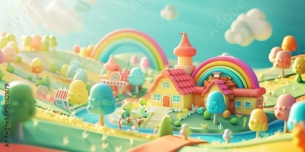 Fototapeta 
Tiny cute isometric A beautiful rainbow village morning scene. Sunlight shines on the golden wheat field and dozens of small animals are busy. Describe the rainbow village morning scene, 2:1