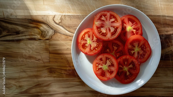 Obraz Portrait of a white plate sitting on a beautiful wooden table containing delicious slices of  organic, healthy and fresh tomatoes during a sunny day with a kitchen background