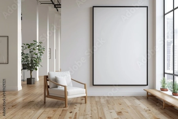 Fototapeta Mockup of blank wall with poster in office room created with Generative AI