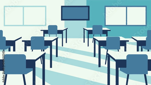 Fototapeta Image of a classroom setup with desks and chairs arranged neatly.  Illustration showing a typical classroom layout with desks and chairs. 