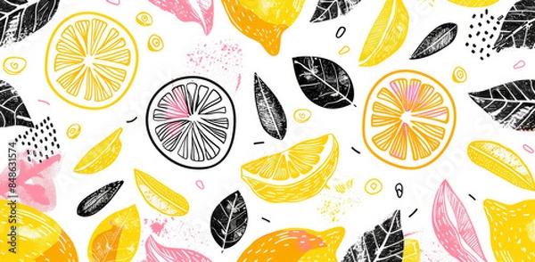 Obraz lemon, black ink hand drawing doodles, yellow and pink color palette, seamless pattern on white background, leaves, vector illustration