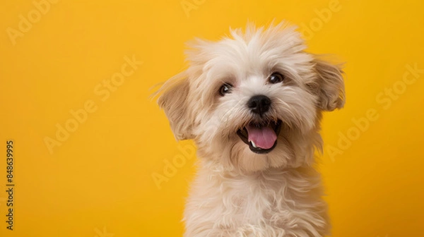 Fototapeta dog puppy cute looking towards camera on yellow background