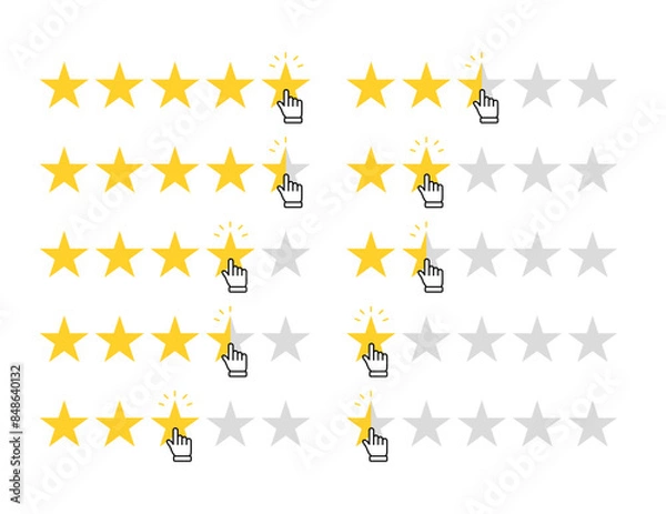 Fototapeta Product rating, customer review, rate us, with hand pointing stars and half star flat vector. Perfect for apps and websites
