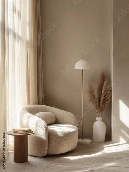 Fototapeta A serene, minimalist reading nook with a comfortable armchair, a small side table, and a tall, slender floor lamp