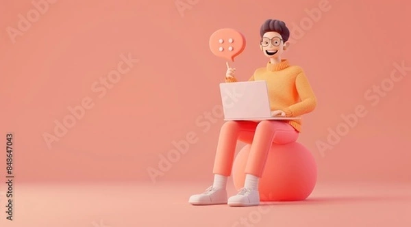 Obraz 3D character sitting on the laptop, smiling and talking with bubble speech.