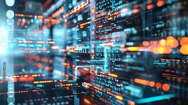 Fototapeta Abstract digital data stream with glowing lines and numbers. Futuristic technology background.