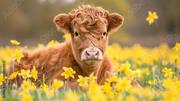 Fototapeta Cute Baby Highland Cow on Vase Spring Flowers, generative Ai