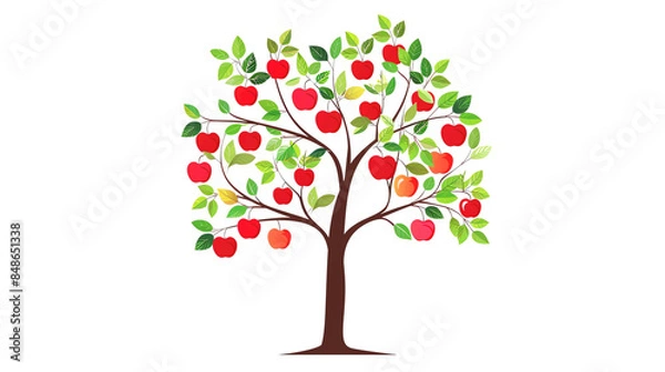 Fototapeta Colorful illustration of an apple tree filled with red apples and green leaves, representing nature and agriculture, perfect for educational purposes. , transparent