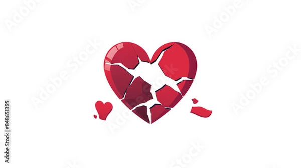 Fototapeta Illustration of a shattered red heart symbolizing broken love, heartache, or emotional pain with pieces scattered around a black background.  , transparent