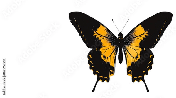 Obraz Close-up of a vibrant yellow and black butterfly with spread wings, isolated on a white background highlighting its intricate patterns.