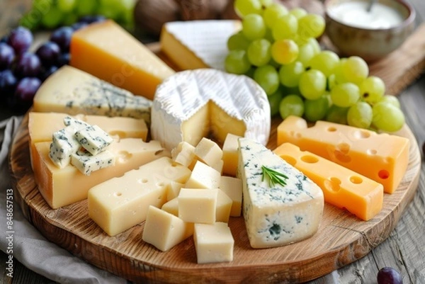 Obraz Cheese platter: A wooden board with assorted cheeses and grapes.