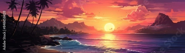 Fototapeta The setting sun casts a golden glow on the ocean and beach. The palm trees are silhouetted against the sky.