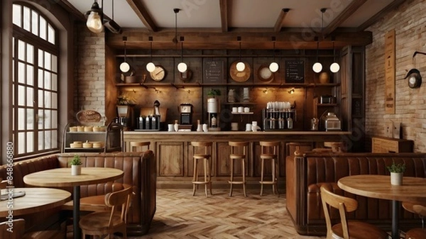 Fototapeta Interior design of cafe with wooden vintage style, decorated with warm and cozy tones, relaxing tones with classic old wood round corner counter and coffee machinery.
