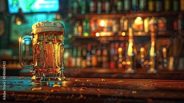 Fototapeta Mug of beer on bar counter in the pub. copy space for text.