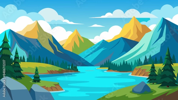 Fototapeta A picturesque view of mountains, a lake, and a forest of trees. Scenic mountain landscape with a tranquil lake and lush trees. 