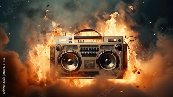 Fototapeta photograph of a vintage boombox engulfed in flames, with the smoke billowing up around it and obscuring the background.