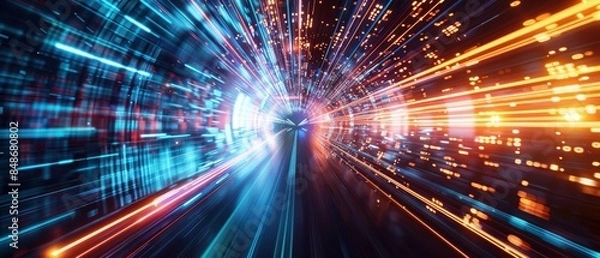 Fototapeta Highspeed data stream in a vibrant futuristic tunnel, abstract tech visualization, lightspeed effect, dynamic and high-tech theme