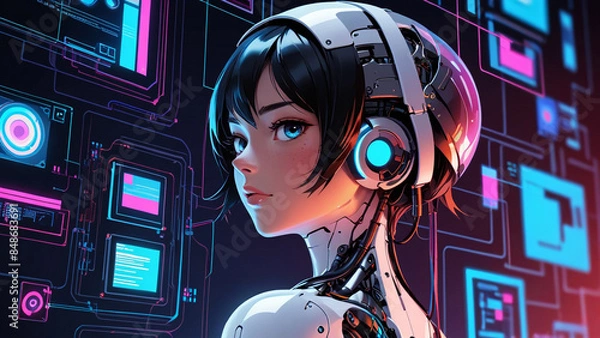Fototapeta Stylized cyberpunk women character with short hair, wearing advanced technological headgear, set against a background of neon blue and pink circuitry